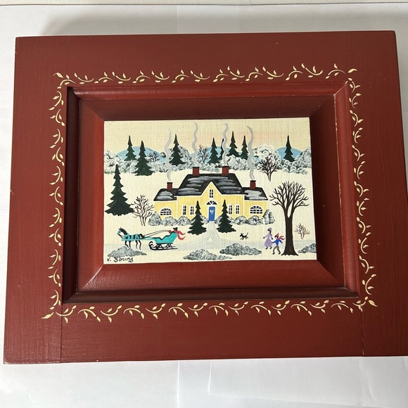 Virginia Young Folk Art Winter Scene Framed Painting on Wood - Picture 1 of 9